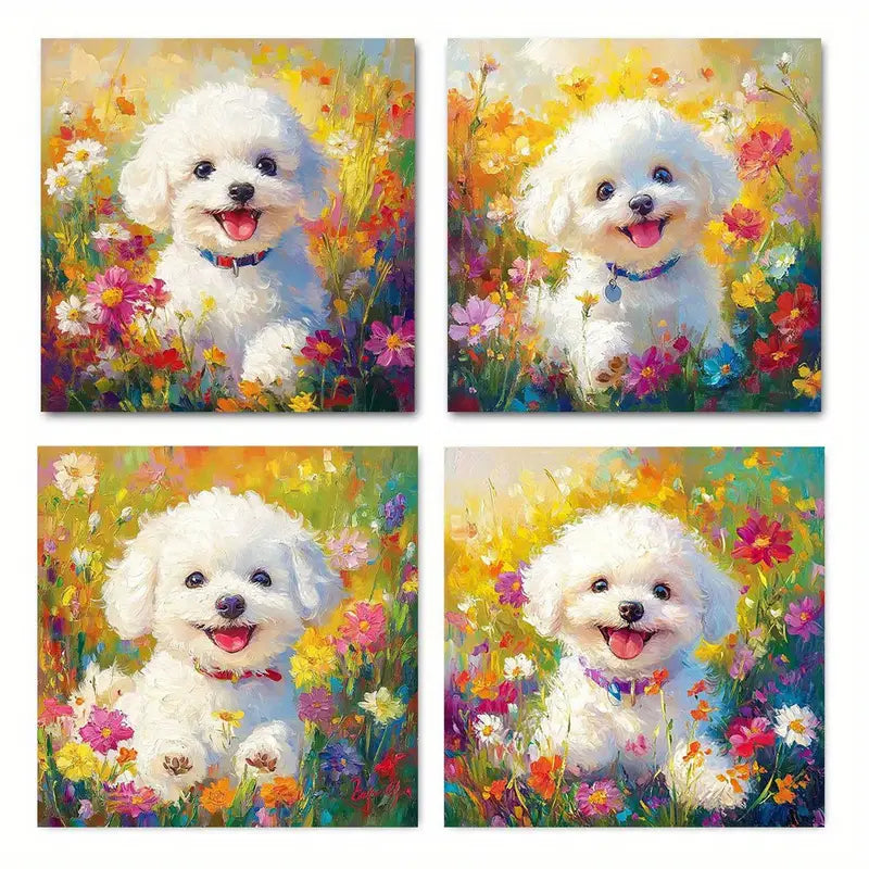 4pcs Adorable White Dog with Smiling RE  Wall Art Canvas Framed