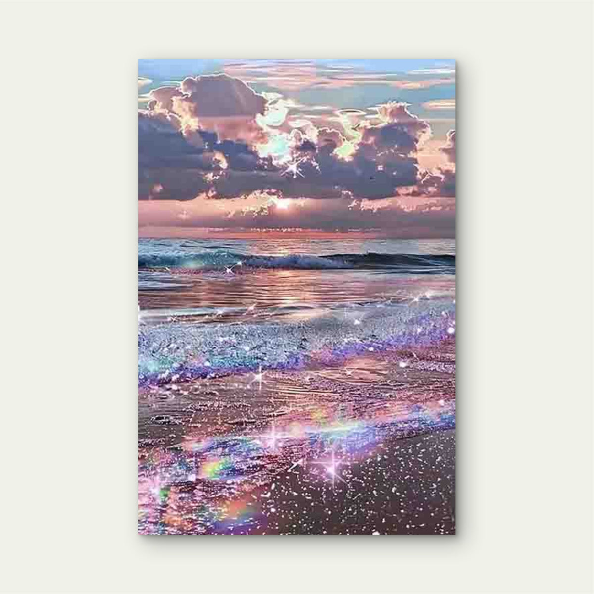 Beach Sunset with Shimmering Ocean Waves 60x90cm Metal Print Ready to Hang