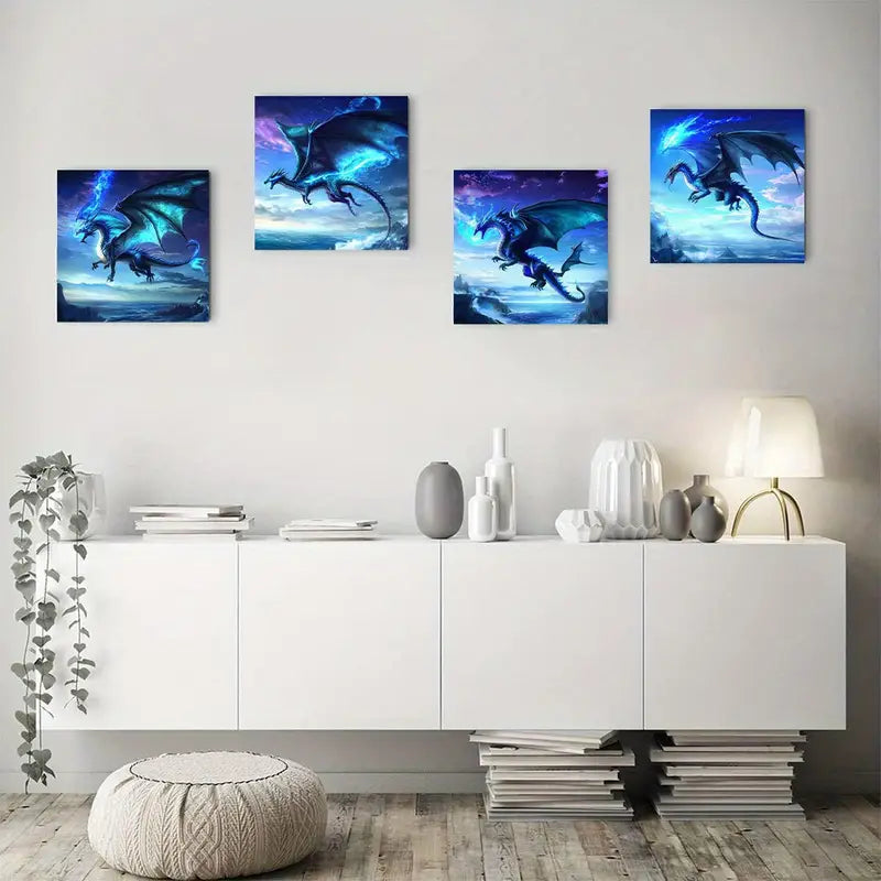 4pcs  Blue Dragon for Home Office  BD  Wall Art Canvas Framed