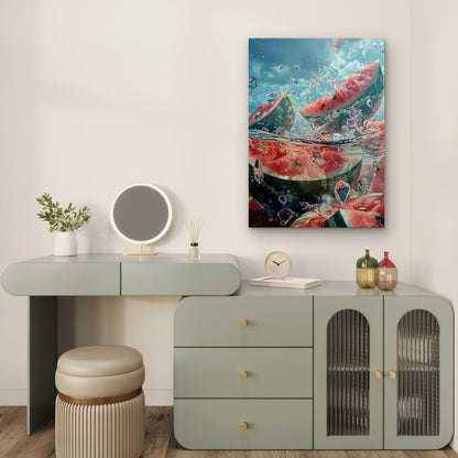 Watermelon Slices with Ice Cubes & Splash Water Metal Print Ready to Hang