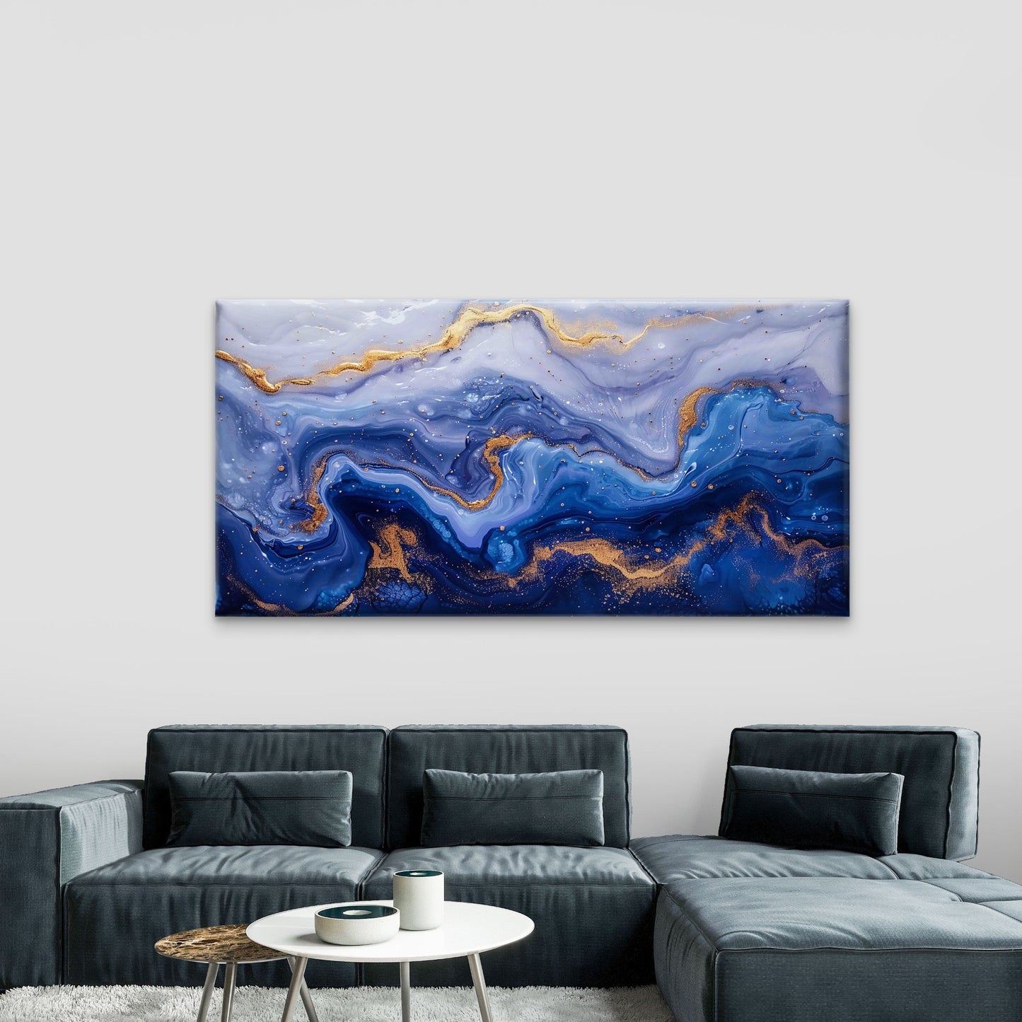 Abstract Blue and Gold Fluid Wall Art Canvas Office Home Room Framed 120x60cm