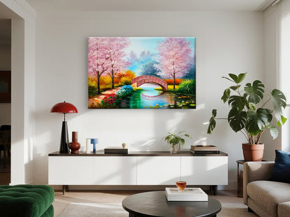 Pink Blossom Bridge Over the Lake Wall Art Decor 100% Australian Made
