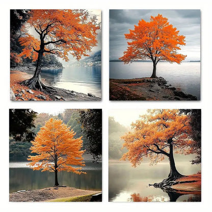 4pcs Vibrant Orange & Gray ForestWall Art Canvas Framed