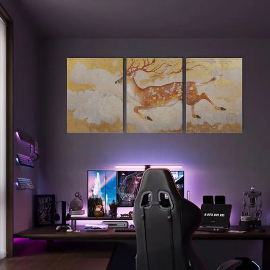 3pcs Deer The Auspicious Deer in Dunhuang Metal Print Ready to Hang Art