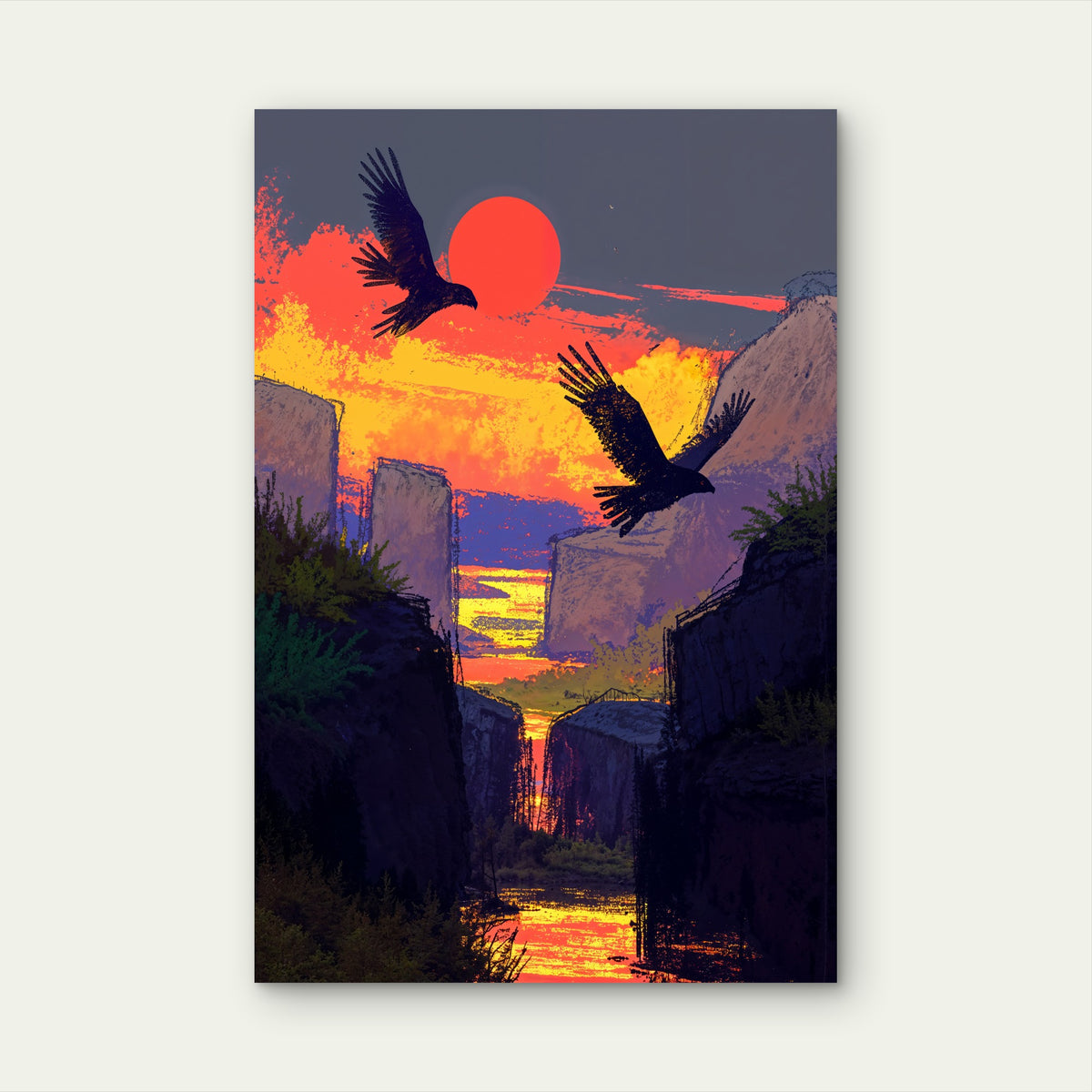 Eagles Soaring Over a Canyon at Sunset 60x90cm Metal Print Ready to Hang