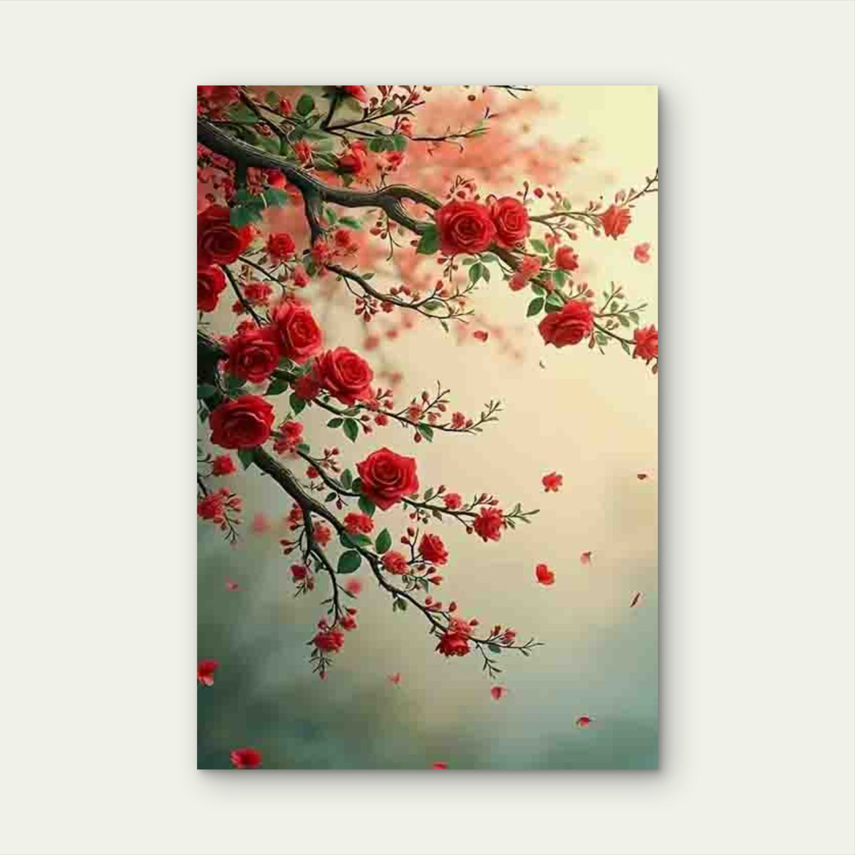 Vibrant Red Roses & Green Leaves 60x90cm Metal Print Ready to Hang
