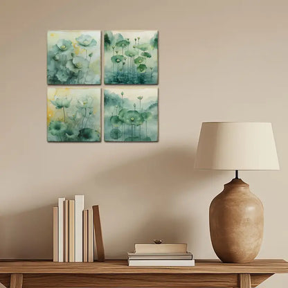 4pcs Lotus Green Leaves Wall Art Canvas Framed
