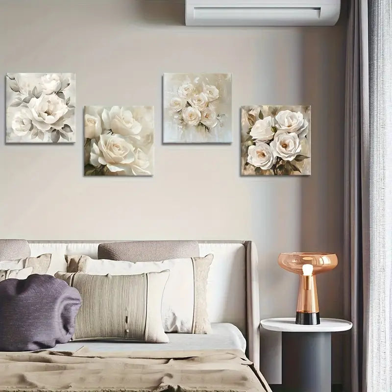 4pcs Romantic Aesthetic White Roses   Wall Art Canvas Framed
