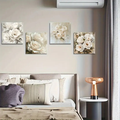 4pcs Romantic Aesthetic White Roses   Wall Art Canvas Framed