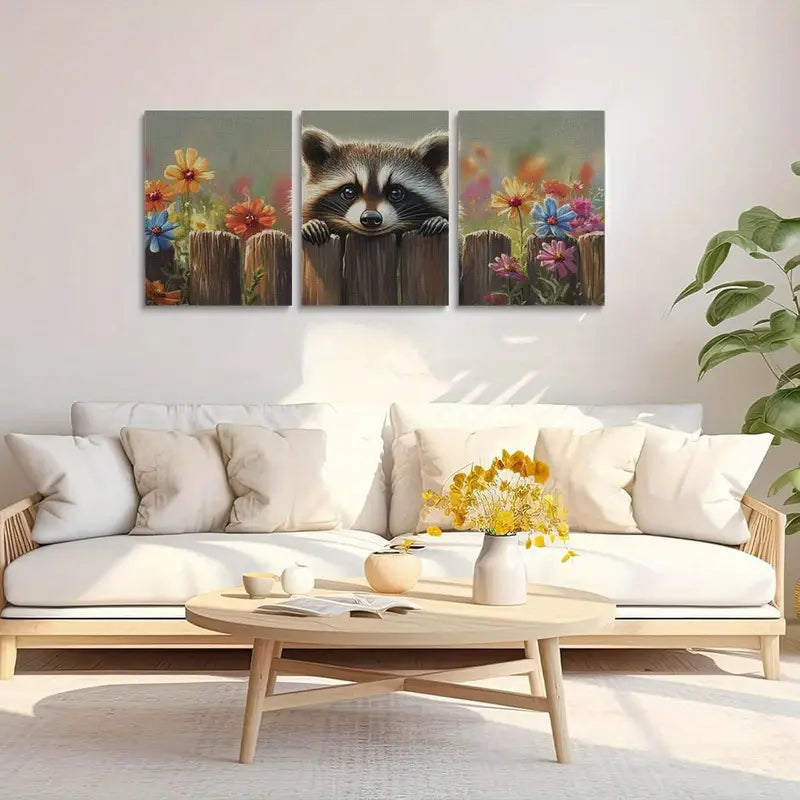 3pcs Colorful Floral with Raccoon Peeking from Fence Metal Print Ready to Hang Art