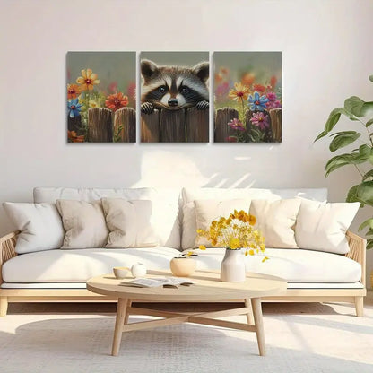 3pcs Colorful Floral with Raccoon Peeking from Fence Metal Print Ready to Hang Art