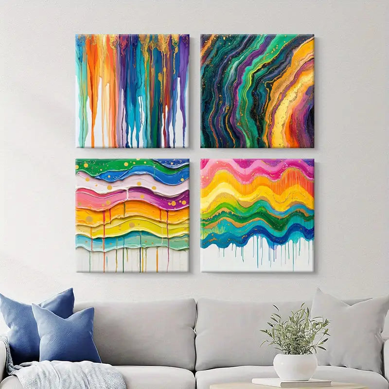 4pcs  Vibrant Rainbow  Flowing Paint  Wall Art Canvas Framed