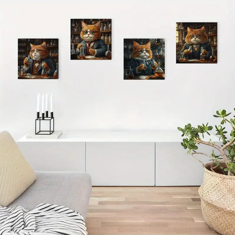 4pcs Funny Fat Cat Doctor Wears Glasse Wall Art Canvas Framed