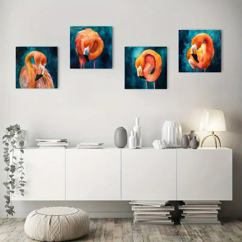 4pcs Painting Flamingo Wall Art Canvas Framed