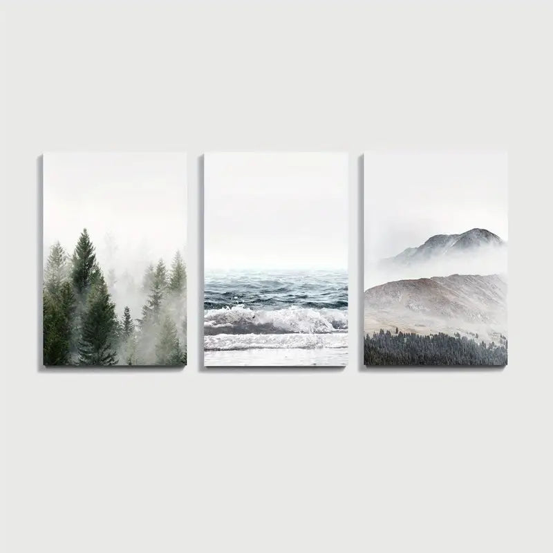 3pcs Foggy Forest Ocean Mountain Scene Wall Art Set Canvas Framed 40x60cm - High Quality Print 100% Australian Made Wall Canvas Ready to Hang
