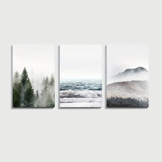 3pcs Foggy Forest Ocean Mountain Scene Wall Art Set Canvas Framed 60x90cm - High Quality Print 100% Australian Made Wall Canvas Ready to Hang