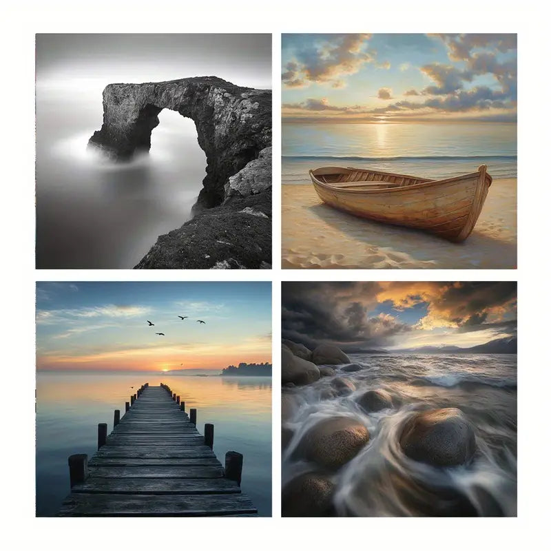 4pcs Sunset Sea And Boat Wall Art Canvas Framed