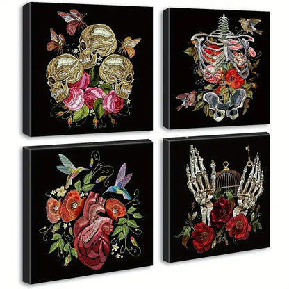 4pcs Gothic Skull & Rose  Dark Aesthetic  Wall Art Canvas Framed