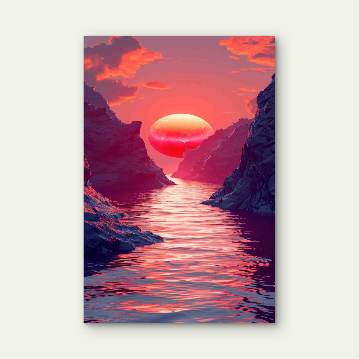 Majestic Landscape with Vivid Pink Sun Over Mountains Metal Print Ready to Hang