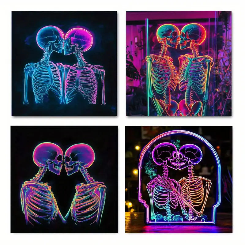 4pcs Neon Skull Embrace  RU     Wall Art Canvas Framed