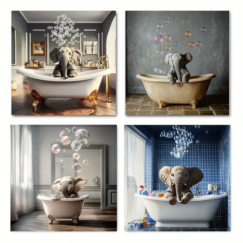 4pcs  Charming Elephant Bath Tim Theme Wall Art Canvas Framed