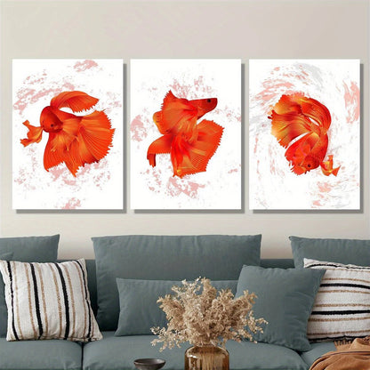 3pcs Vibrant Red Orange Goldfish Classic Design Metal Print Ready to Hang Art
