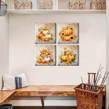 4pcs Pumpkin,Rustic Sunflower Wall Art Canvas Framed
