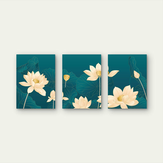 3pcs Golden Lotus Botanical Illustration Wall Art Set Canvas Framed 60x90cm - High Quality Print 100% Australian Made Wall Canvas Ready to Hang