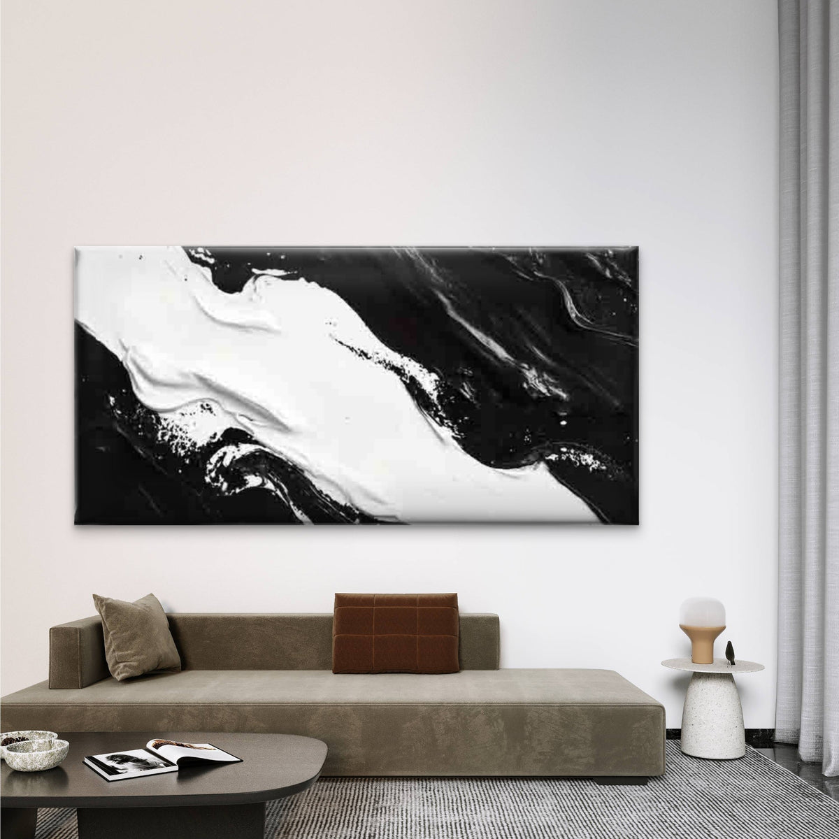 Bold Black & White Waves Design Wall Art Canvas Office Home Room Framed 120x60cm
