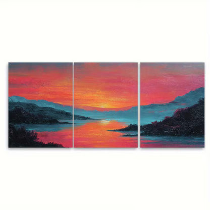 3pcs  Seamless Continuous Artwork, Red Sunset Metal Print Ready to Hang Art
