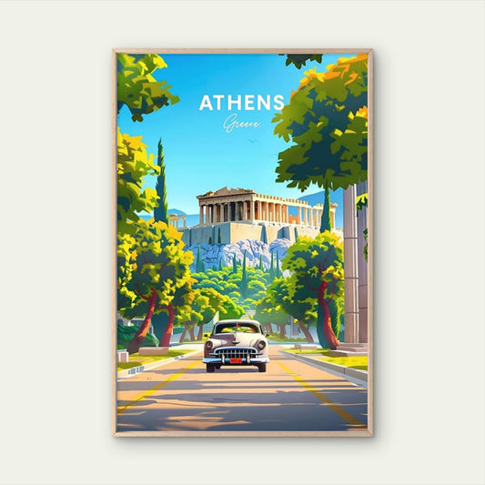 Greek White & Golden Classic Car & Ancient Vintage Travel Poster Print Wall Art