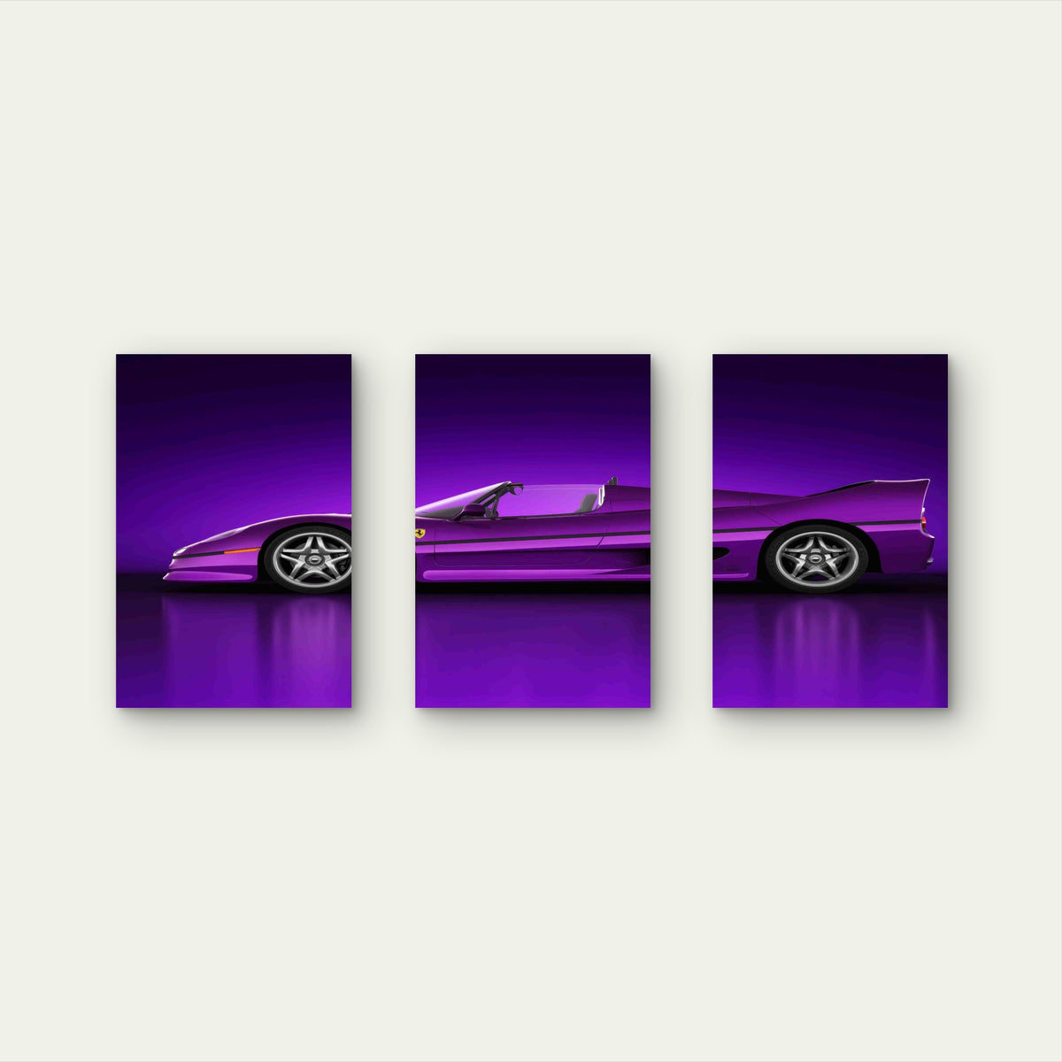 3pcs Synthwave Purple Retro Exotic Sports Car Metal Print Ready to Hang Art