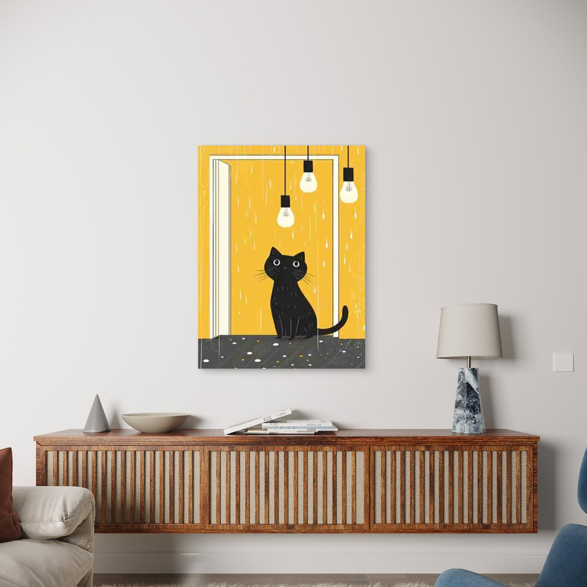 Black Cat Under Light Bulbs Metal Print Ready to Hang