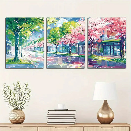 3pcs Anime Cherry Blossom & Tokyo Street View Metal Print Ready to Hang Art