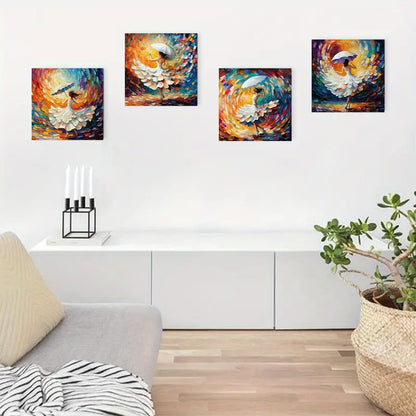 4pcs White  Girl With An Umbrella Wall Art Canvas Framed