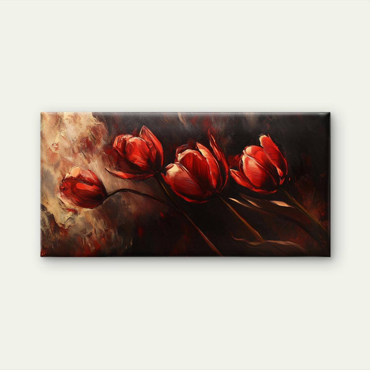 Red Tulips Dark Floral Painting Wall Art Canvas Office Home Room Framed 120x60cm