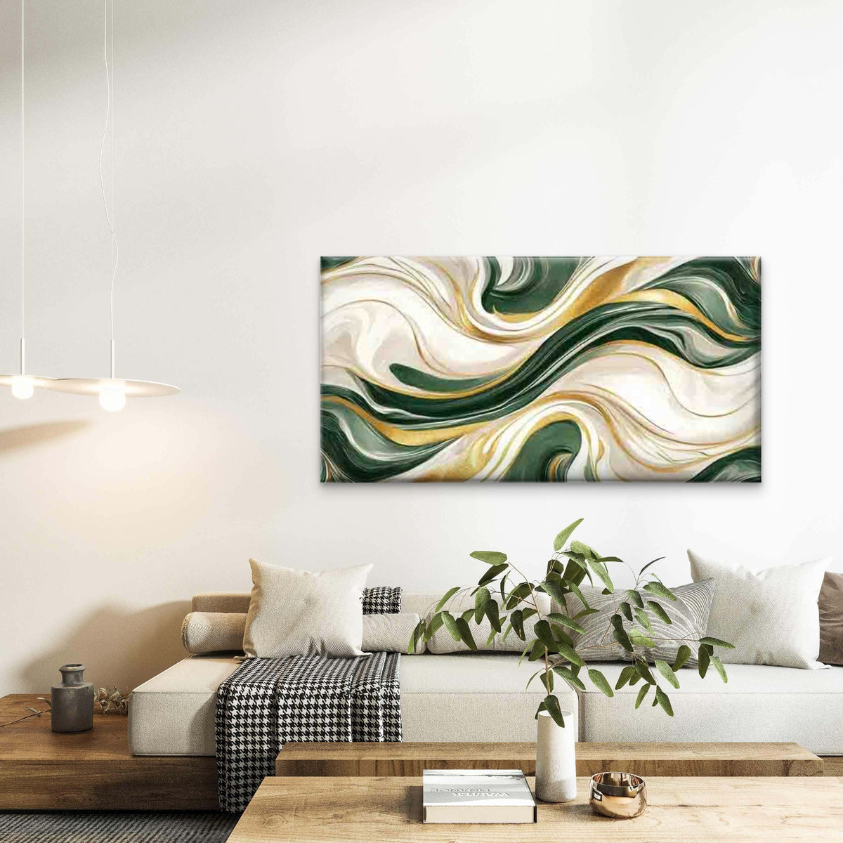 Abstract Waves in Green, White Wall Art Canvas Office Home Room Framed 120x60cm