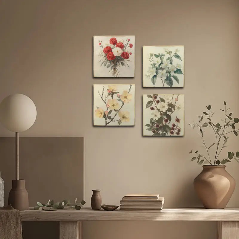 4pcs Red,White & Yellow Flower Boque Wall Art Canvas Framed