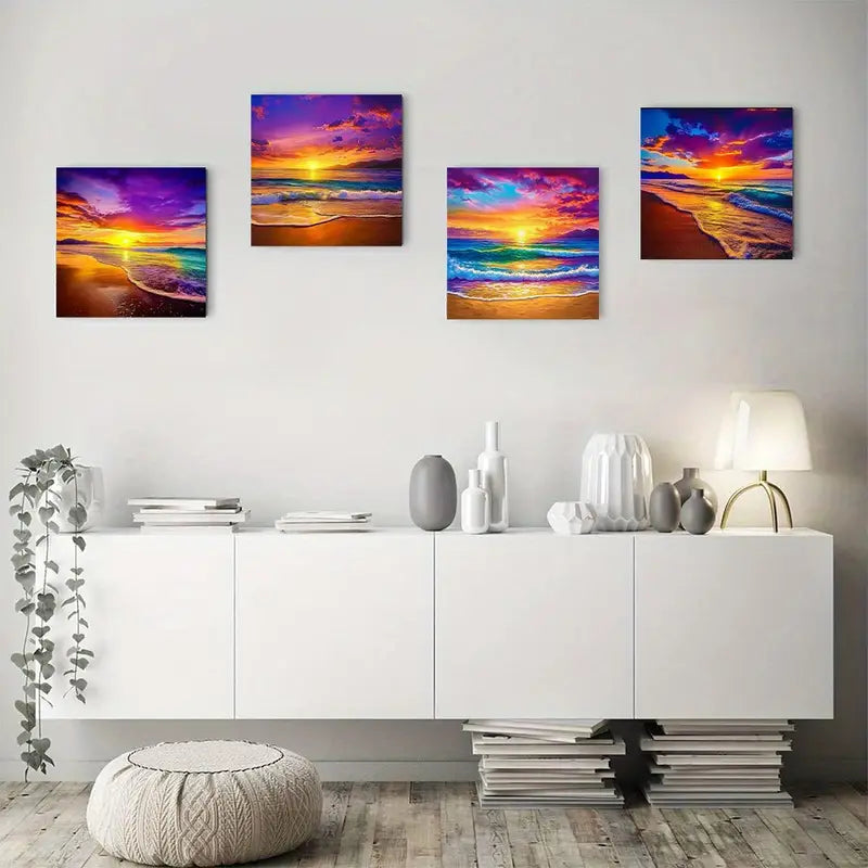 4pcs Vibrant Sunset Beach Scenes Wall Art Canvas Framed