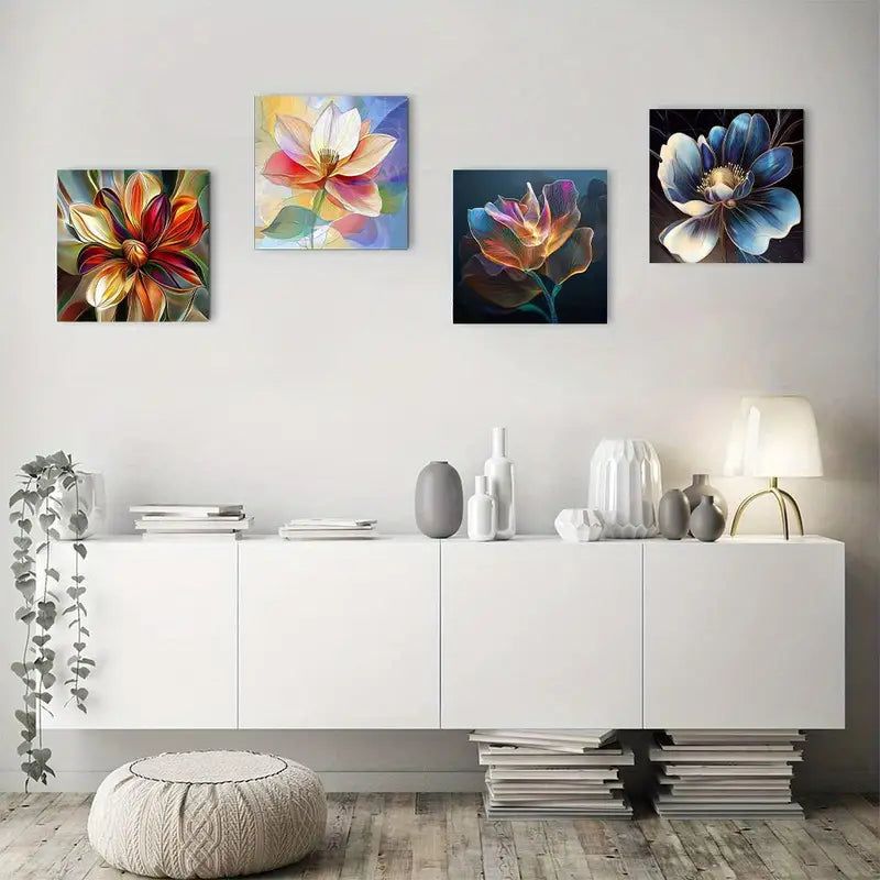 4pcs Lines Flowe Elegant Modern Wall Art Canvas Framed