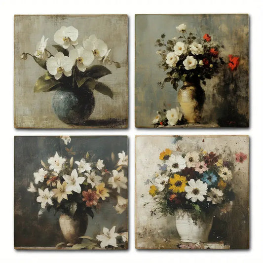 4pcs Orchid,Rose And Wild-lily Flower Vase Wall Art Canvas Framed