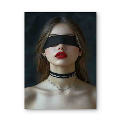 Woman with Red Lips Wearing a Black Eye Mask And Necklace 60x90cm Metal Print Ready to Hang - Bella Home Decor