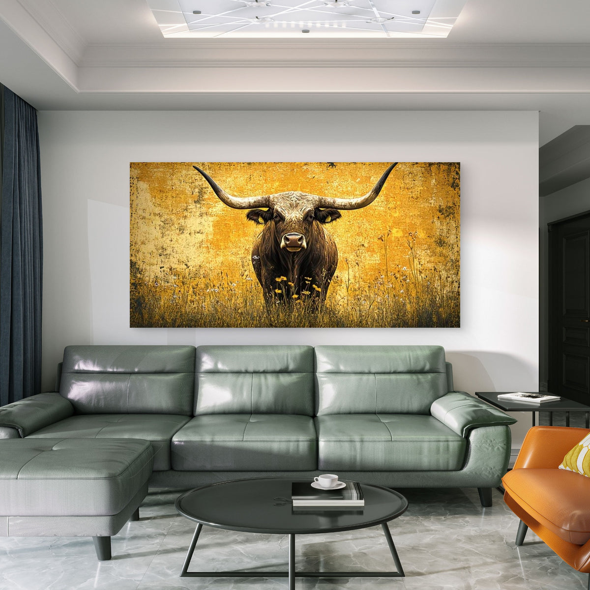 Longhorn Bull in Wildflower Wall Art Canvas Office Home Room Framed 120x60cm