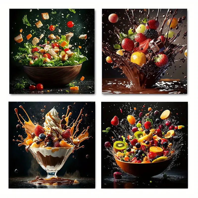 4pcs Vibrant Fruit & Dessert Splash Paint DS    Wall Art Canvas Framed