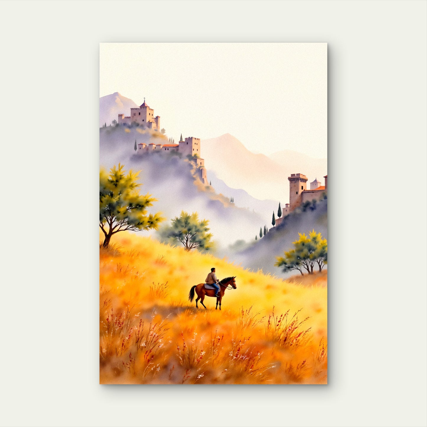 Rider Horseback Overlooking Castle Golden Landscape 40x60cm Metal Print Ready to Hang