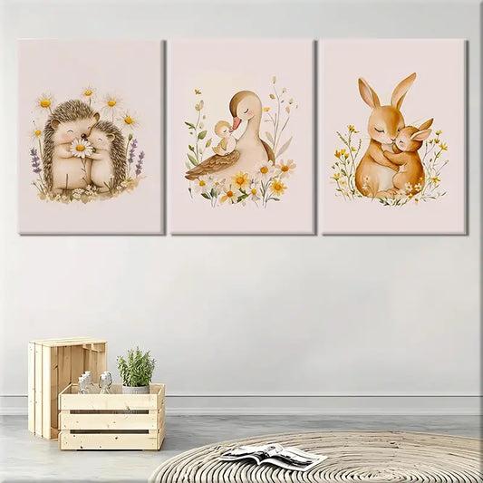 3pcs Cute Rabbit Hedgehog Duck Nursery Paintings Metal Print Ready to Hang Art