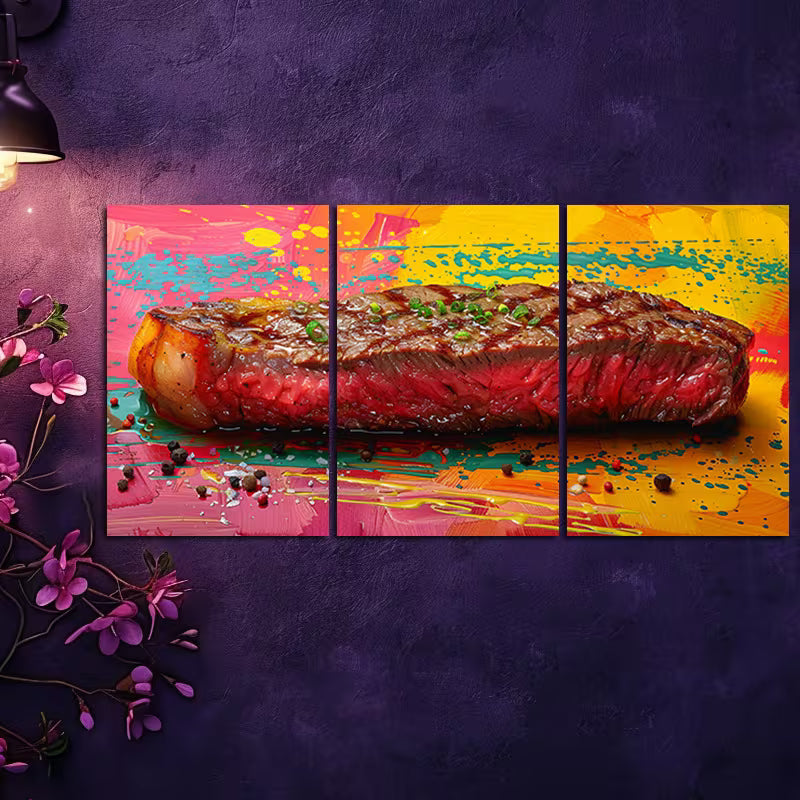 3pcs Vibrant Delicious Steak Design Wall Art Set Canvas Framed 40x60cm - High Quality Print 100% Australian Made Wall Canvas Ready to Hang