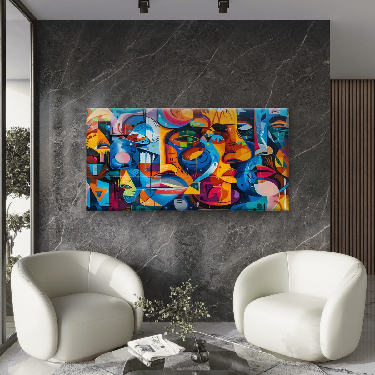 Abstract Faces in Bright Colors Wall Art Canvas Office Home Room Framed 120x60cm