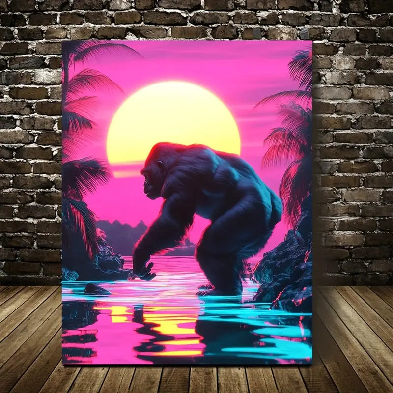 Vibrant Neon Gorilla Sunset Scene Catching Pink & Blue 40x60cm Metal Print Ready to Hang