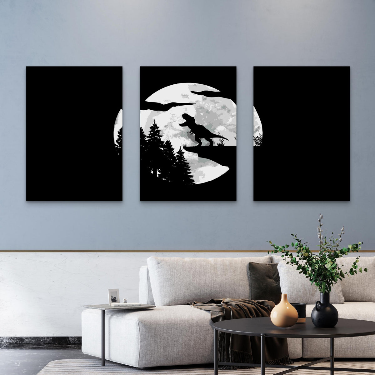 3pcs Monochrome Primeval Reptile Lunar Silhouette Metal Print Ready to Hang Art